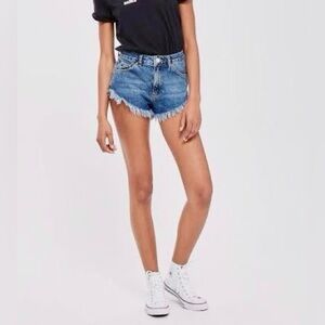 Topshop Moto Kiri fringe denim shorts size 4 biker chick edgy look blue EUC